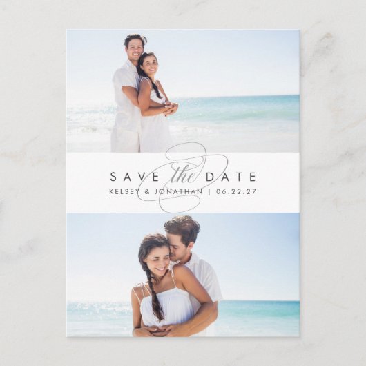 単エレガントに2枚の写真の日付を保存 案内ポストカード (正面)