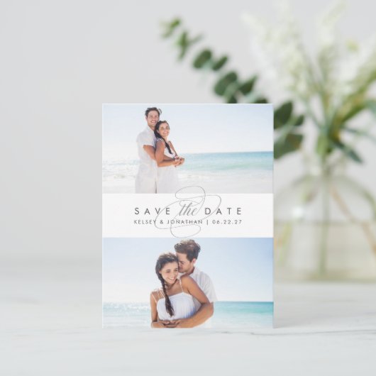 単エレガントに2枚の写真の日付を保存 案内ポストカード (スタンド正面)