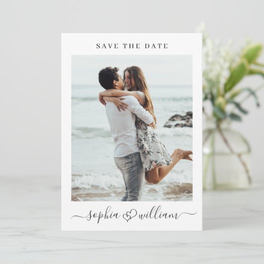 単エレガントに2枚の写結婚真のハートシンプル セーブザデート (スタンド正面)