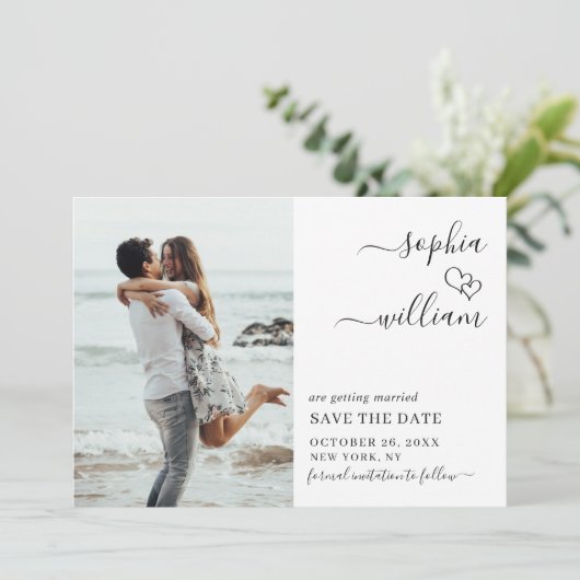 単エレガントに2枚の写結婚真のハートシンプル セーブザデート (スタンド正面)