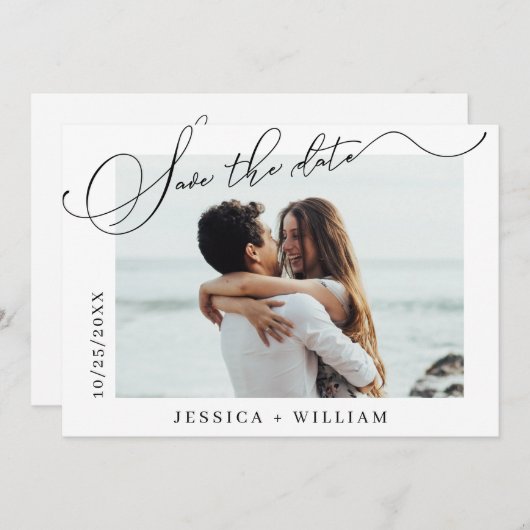 単エレガント書写結婚の写真モダン セーブザデート (正面/裏面)