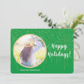 単一写真 緑 ハッピーホリデー ゴールドグリッター シーズンカード (スタンド正面)