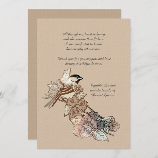 単独鳥の死別はNotecard感謝していしています サンキューカード (正面/裏面)