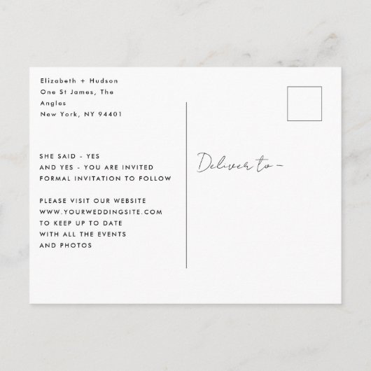 単純なエレガント写真の白い文字日付を保存 案内ポストカード (裏面)