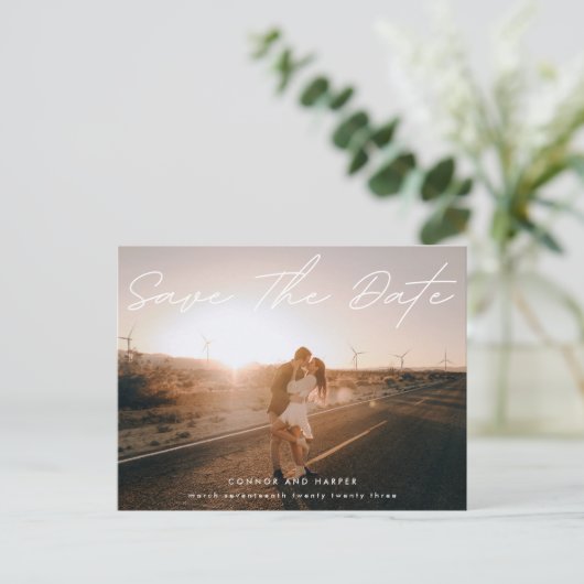単純なエレガント写真の白い文字日付を保存 案内ポストカード (スタンド正面)