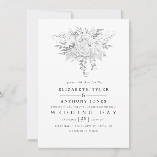 単純な白と銀のヴィンテージ結婚バラ 招待状 (正面)