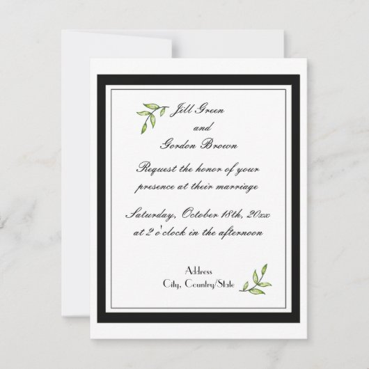 単純な緑の葉結婚の 招待状 (正面)