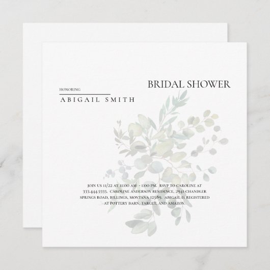 単純にミュートされた緑のブライダルシャワー 招待状 (正面/裏面)