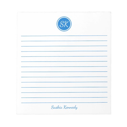 単純エレガント青の線モノグラム名 ノートパッド (正面)