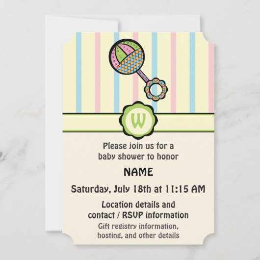 単純甘いガラガラ赤ちゃんシャワー招待状 招待状 (正面)