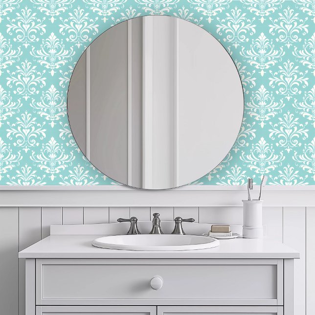 単色のエレガントなターコイズ 壁紙 (Monochromatic Elegant Turquoise Wallpaper in a white bathroom.)