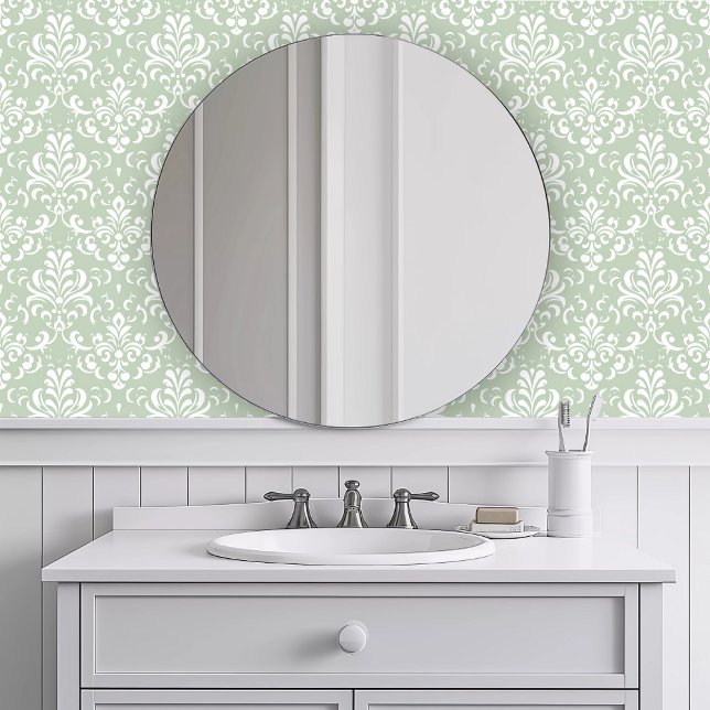 単色のエレガント緑 壁紙 (Monochromatic Elegant Green Wallpaper in a white bathroom.)