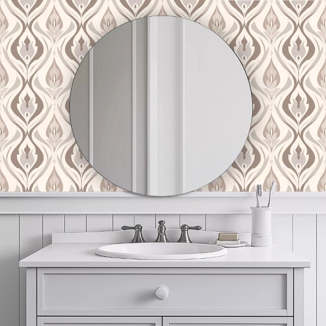 単色の茶色のしわ 壁紙 (Monochromatic Brown Whisps Wallpaper in a white bathroom.)