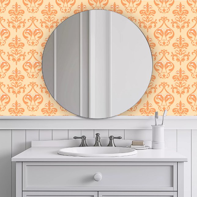 単色の装飾オレンジ 壁紙 (Monochromatic Decorative Orange Wallpaper in a white bathroom. )