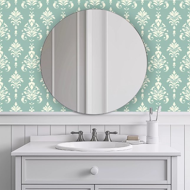 単色エレガントティール（緑がかった色） 壁紙 (Monochromatic Elegant Teal Wallpaper in a white bathroom.)