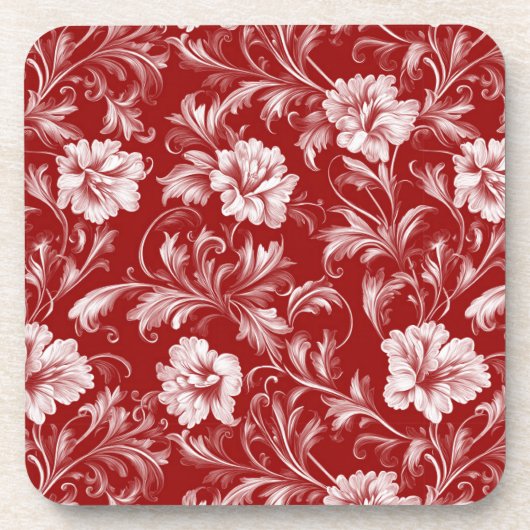 単色バロックのフローラルパターン、白の赤 コースター (正面)