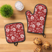 単色バロックのフローラルパターン、白の赤 鍋つかみ&鍋敷きセット (トップダウン)