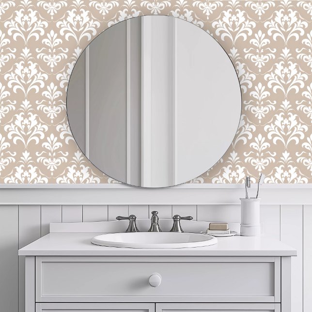 単色中性フランスの 壁紙 (Monochromatic Neutral French Wallpaper in a white bathroom.)