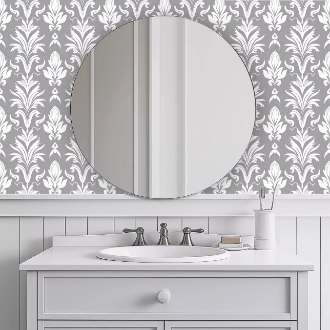 単色灰色の動物 壁紙 (Monochromatic Gray Fauna Wallpaper in a white bathroom.)