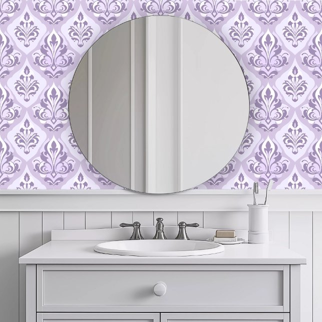 単色繰り返し紫色の動物 壁紙 (Monochromatic Pink Fleur Wallpaper in a white bathroom.)