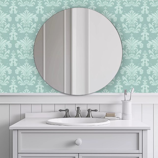 単色複雑なティール（緑がかった色） 壁紙 (Monochromatic Intricate Teal Wallpaper in a white bathroom.)