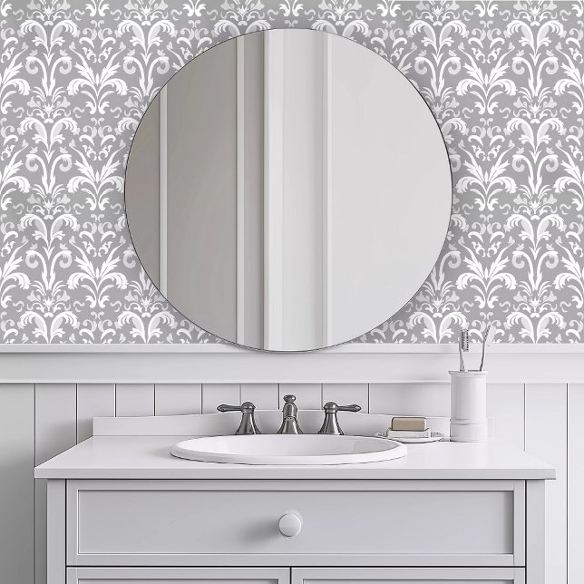 単色複雑な灰色 壁紙 (Monochromatic Intricate Gray Wallpaper in a white bathroom.)