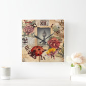 単行素朴な背景フローラとトンボ スクエア壁時計 (ホーム)
