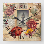 単行素朴な背景フローラとトンボ スクエア壁時計 (正面)