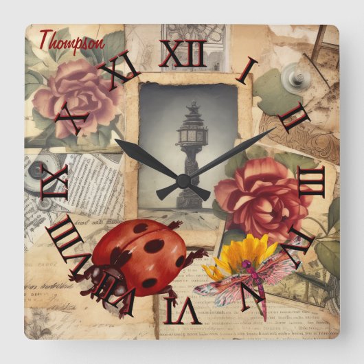 単行素朴な背景フローラとトンボ スクエア壁時計 (正面)