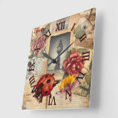 単行素朴な背景フローラとトンボ スクエア壁時計 (傾斜)
