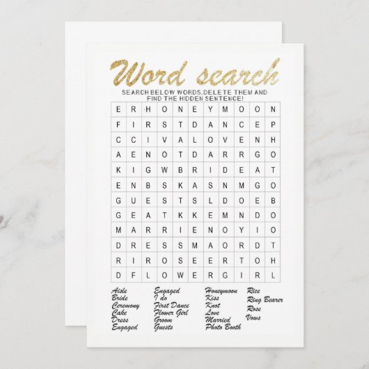 単語の調査の金ゴールドのぴかぴか光るブライダルシャワーのゲーム 招待状 (正面/裏面)