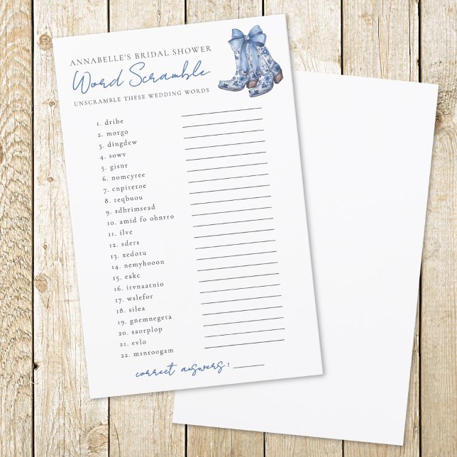 単語シャッフル 国 弓 牛飼い 婚前パーティー (Word Scramble Country Bow Cowboy Bridal Shower)
