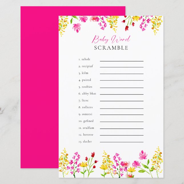 単語スクランブルワイルドフラワーベビーシャワーゲーム (正面/裏面)