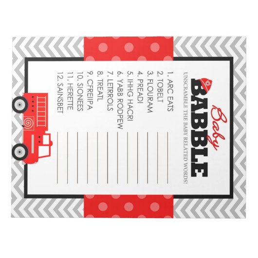 単語スクランブル消防車の赤ちゃんシャワーゲームパック ノートパッド (正面)