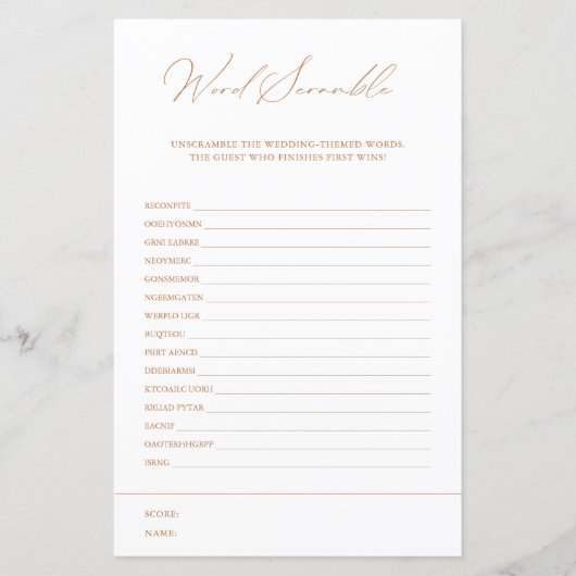 単語スクランブル白エレガントブライダルシャワーゲーム (正面)