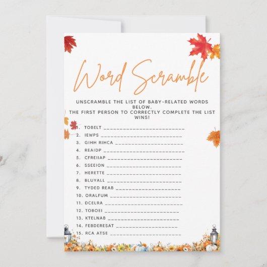 単語スクランブル赤ちゃんシャワーゲーム小さなかぼちゃ 招待状 (正面)