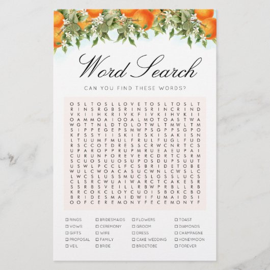 単語検索オレンジのゲームブライダルシャワーカード (正面)