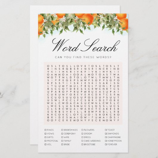 単語検索オレンジのゲームブライダルシャワーカード (正面/裏面)