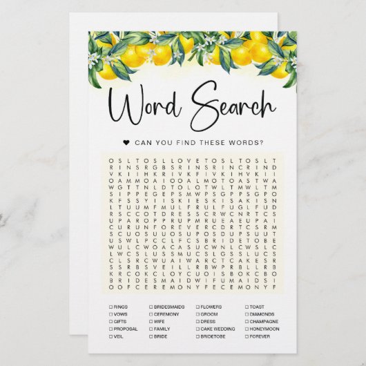 単語検索ゲームレモンブライダルシャワーカード (正面/裏面)