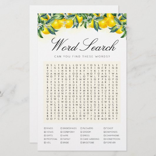 単語検索レモンゲームブライダルシャワーカード (正面/裏面)