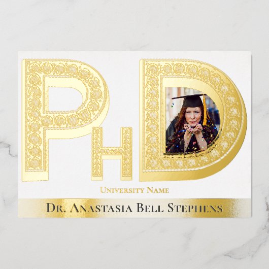 博士号卒業式パーティー写真金ゴールド 箔招待状 (正面)