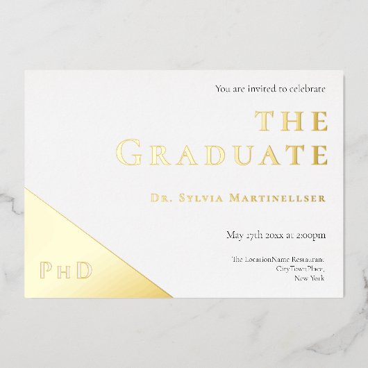 博士 ゴールド ホワイト PhD 卒業パーティー 箔招待状 (正面)
