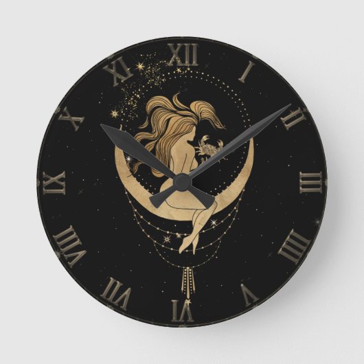 〔占星術の〕十二宮図がん |宇宙金ゴールドと黒星占星術La ラウンド壁時計 (正面)