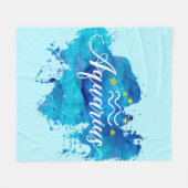 (占星術の)十二宮図のアクエリアスの青い水彩画の金ゴールドの星 フリースブランケット (正面(横))