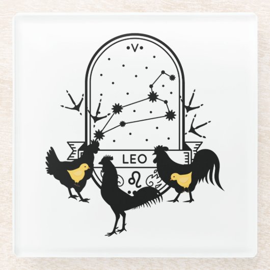 〔占星術の〕十二宮図のサインとマッチするペット。レオ – チキン.w ガラスコースター (正面)