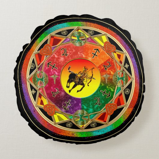 (占星術の)十二宮図の印の射手座の曼荼羅 ラウンドクッション (正面)
