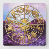 (占星術の)十二宮図はカスタムな3人の家族の金ゴールドの星に署名します スクエア壁時計 (正面)