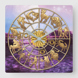 (占星術の)十二宮図はカスタムな3人の家族の金ゴールドの星に署名します スクエア壁時計