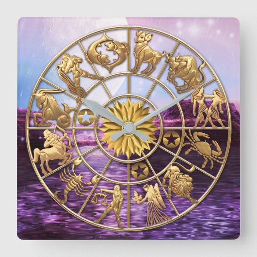 (占星術の)十二宮図はカスタムな3人の家族の金ゴールドの星に署名します スクエア壁時計 (正面)