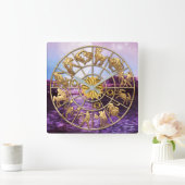 (占星術の)十二宮図はカスタムな3人の家族の金ゴールドの星に署名します スクエア壁時計 (ホーム)